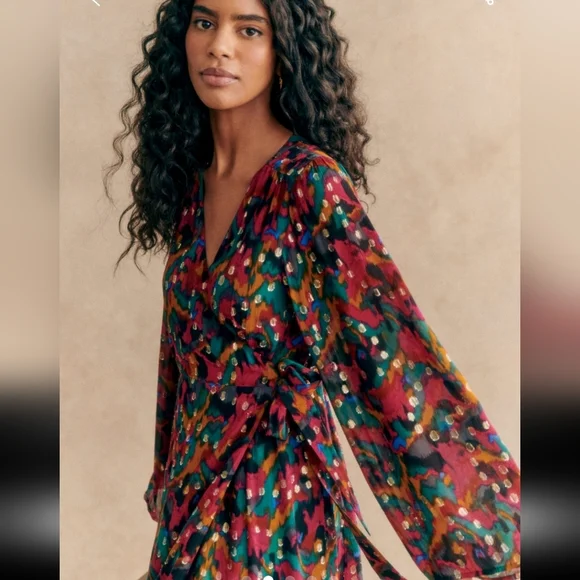 Sezane Linoy Multicolor Long Sleeve Wrap Dress - Picture 3 of 6